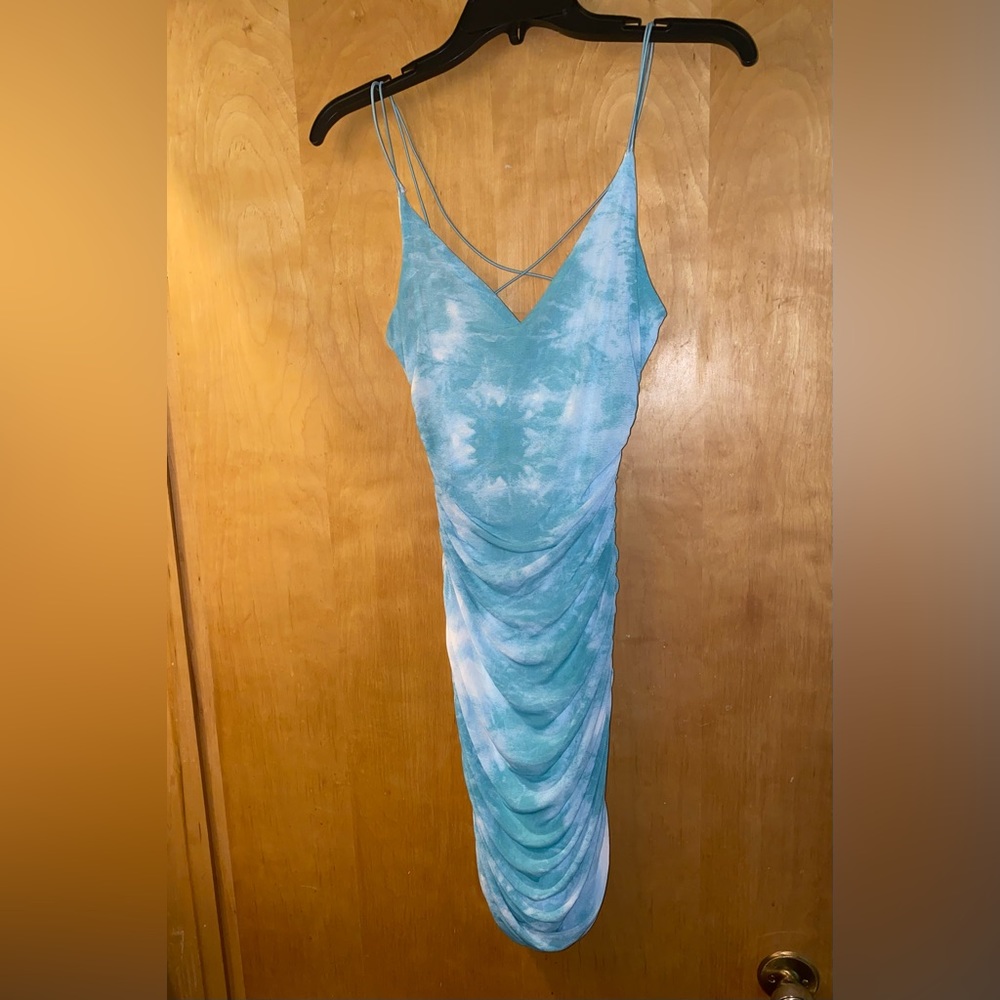 B.Darlin Turquoise & White Slinky CrissCross Ruched Dress